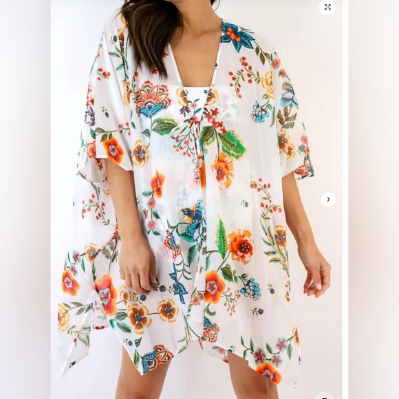Johnny Was Other - Johnny Was White Floral Ardella Swim Cover Up Kimono L XL